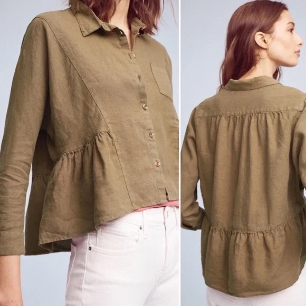 Anthropologie Holding Horses Mackenzie Linen Button Down Peplum Blouse XS